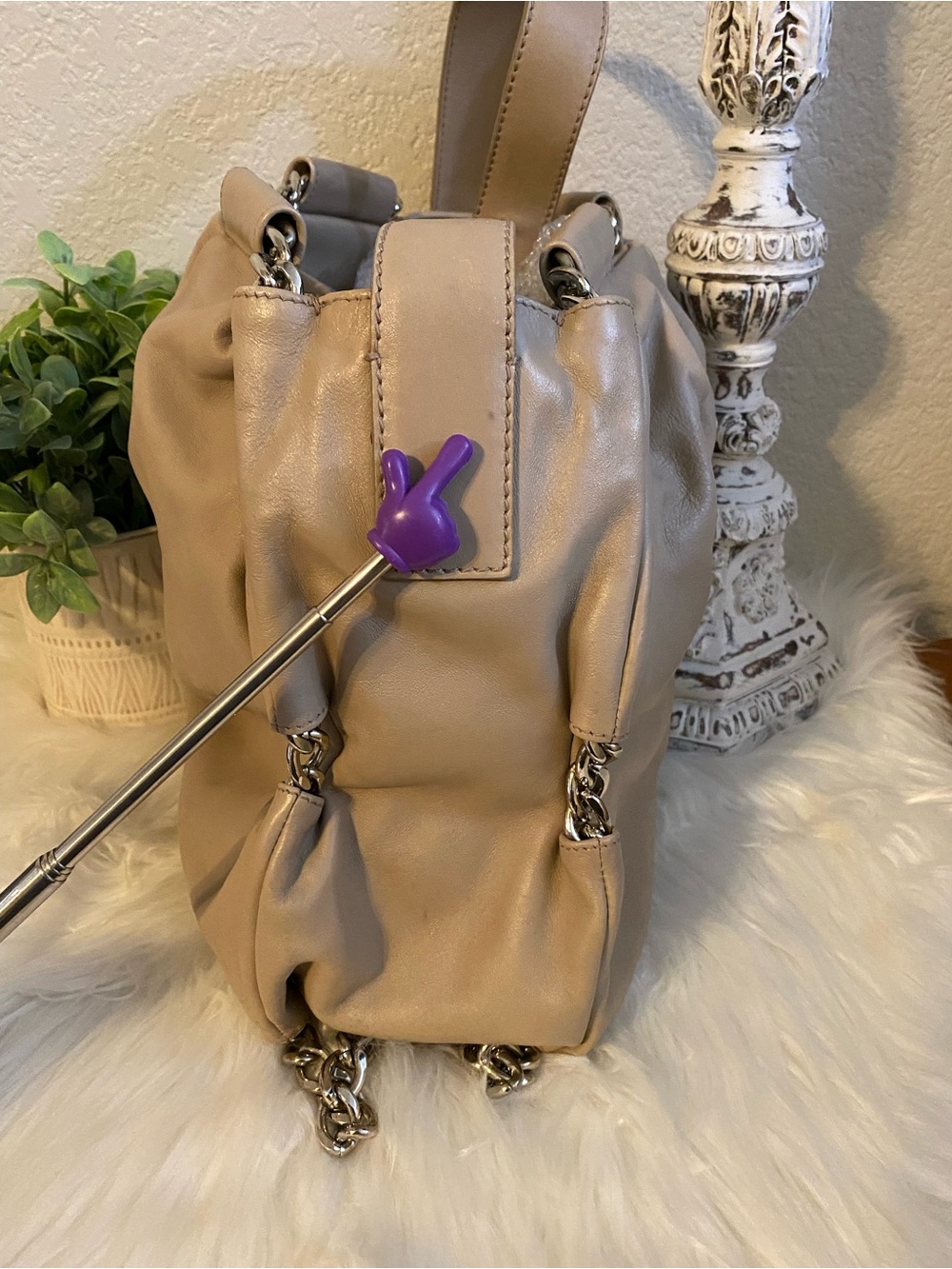 Furla Taupe Soft Leather Shoulder Hobo Bag w/ Chain Detail - Picture 6 of 14